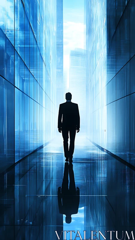 Solitary Executive Navigating Reflective Urban Corridor Geometry.