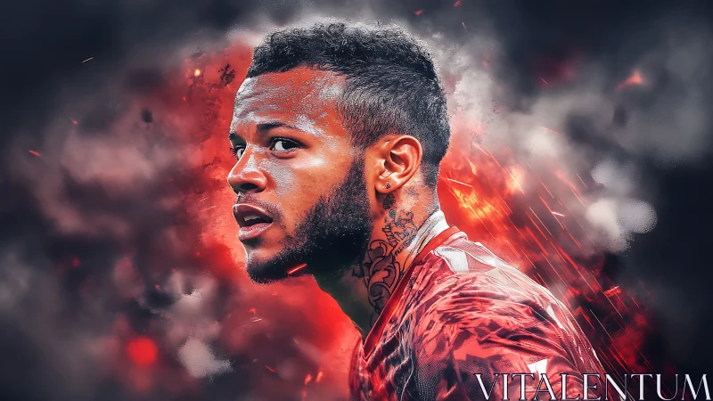Footballer portrait burns through red smoke and sparks.