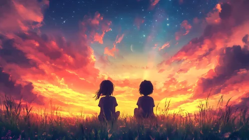 Evening sky wraps two quiet friends in glowing sunset wonder