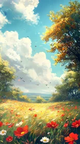 Sunlit wildflower meadow under drifting summer clouds.