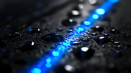 Blue light line intersects wet textured surface with droplets
