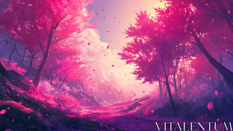 Luminous Forest Path Bathed in Magenta Glow.