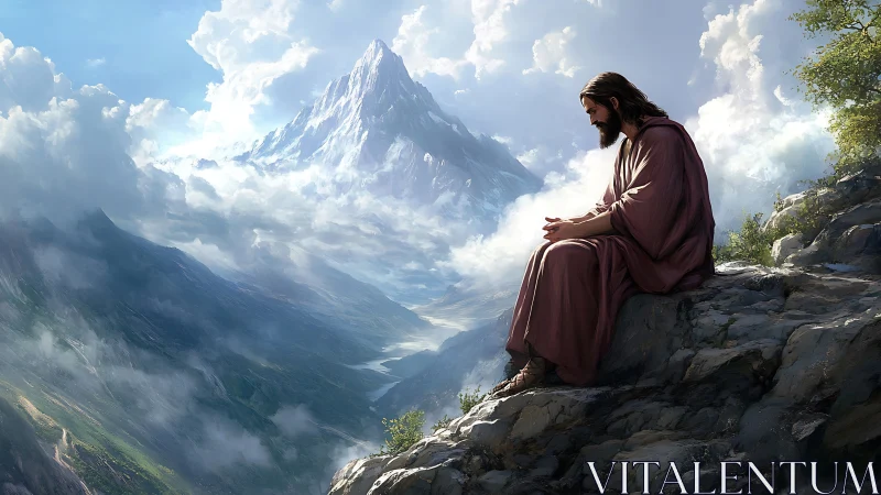 Solitary robed figure in contemplative pose above vast mountains.