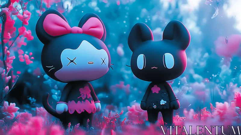 Kawaii cat characters stand in glowing neon dream meadow