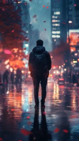 Lone figure walks through rainy neon city street at night.