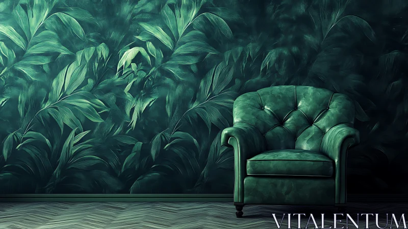 Emerald armchair nesting quietly in a painted jungle dream.