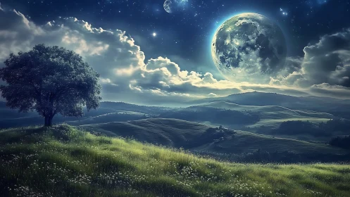 Luminous exoplanet dominates a moonlit pastoral valley