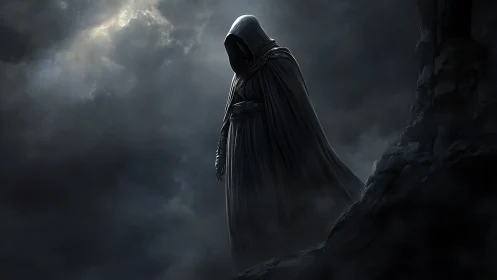 Hooded robed figure stands on rocky ledge in dense mist
