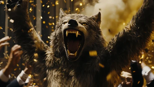 Triumphant werewolf roaring amid falling golden confetti.