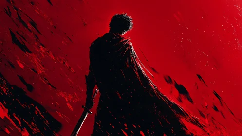 Lone sword warrior framed by violent red abstraction