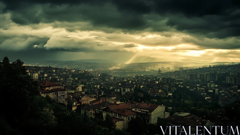 Storm-lit hillside cityscape under brooding emerald skies.