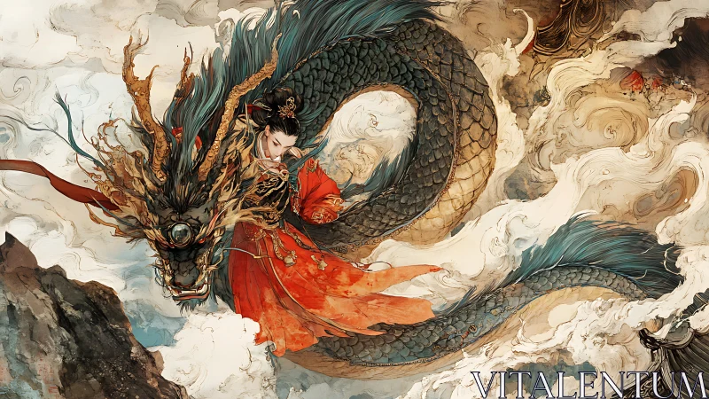 Imperial rider entwined with storm-swept celestial dragon.