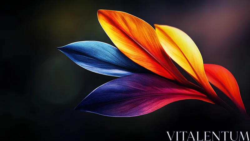 Digitally rendered multicolored leaves on dark gradient background.