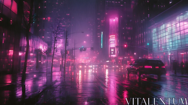 Neon city street in heavy rain with glowing reflections.