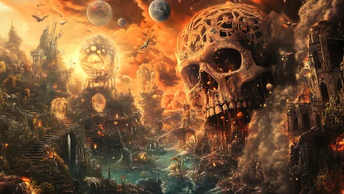 Skull-shaped ruins dominating fiery posthuman river city.