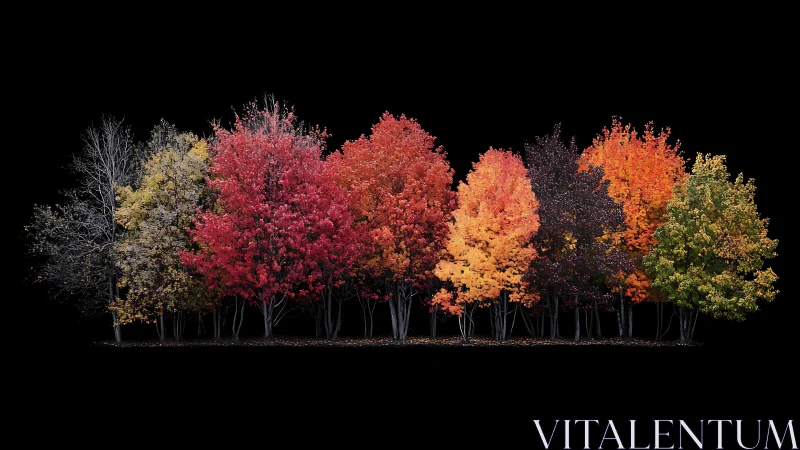 Autumn trees align in chromatic sequence against deep black