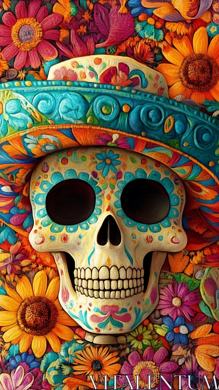 Vibrant sugar skull in ornate floral festival tapestry.