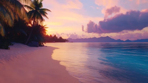 Tropical Sunset Over Pink Sand Beach with Palm Silhouettes.