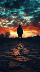 Silhouetted figure on wet path under cinematic sunset sky.