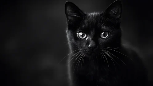 Black cat head photographed against dark background with frontal lighting.