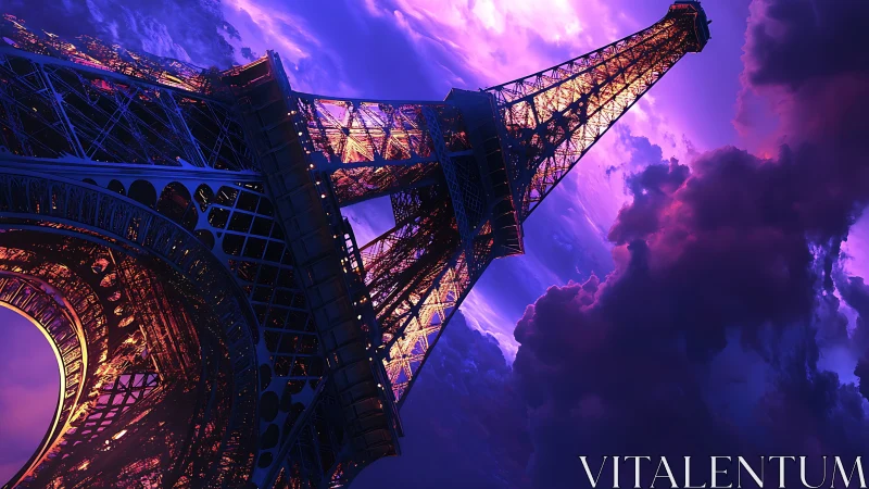 Eiffel Tower glows in dramatic neon purple storm sky.