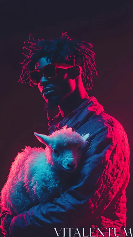 Neon city glow wraps a calm man and his gentle lamb