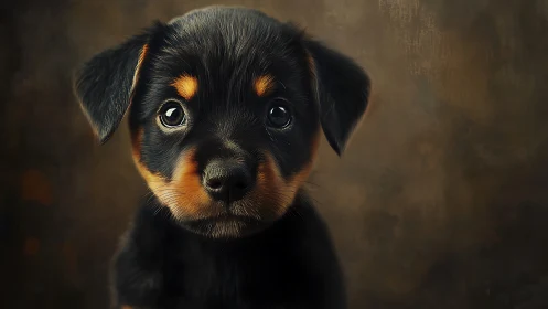 Photorealistic Rottweiler puppy portrait on muted studio ground.