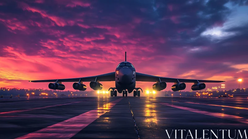 Military jet on wet runway under vivid purple sunrise sky.