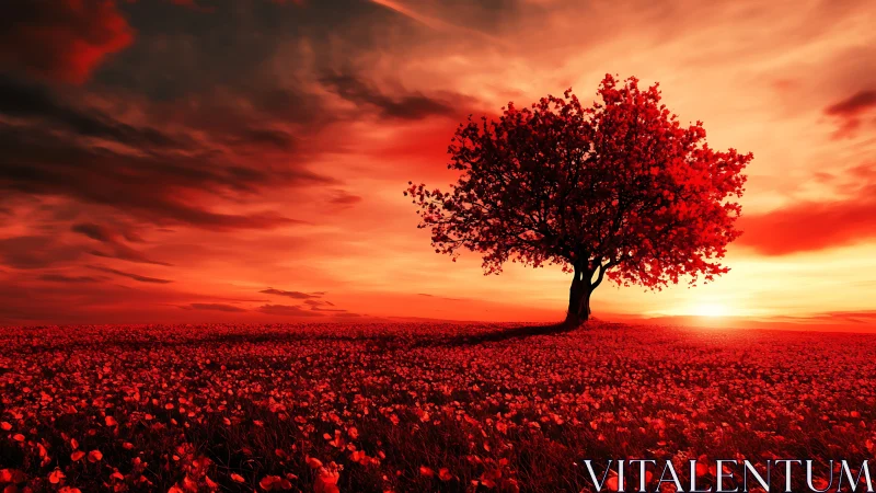 Solitary crimson tree above a glowing red horizon field.