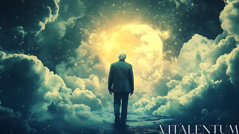 Solitary figure stands before luminous celestial cloud portal