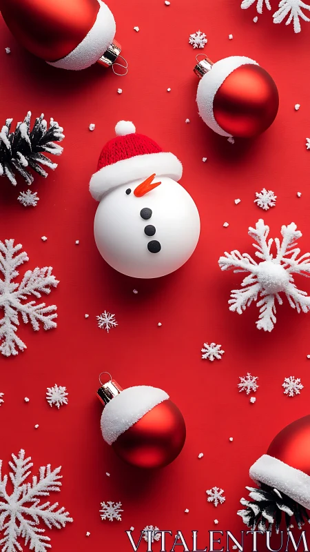 Snowman ornament rests amid red baubles on vivid red background