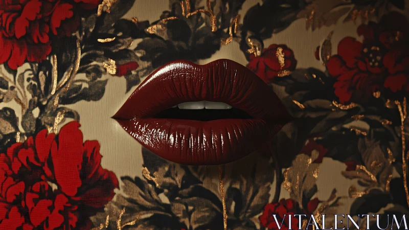 Velvet red lips floating over lush floral wallpaper.
