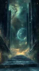 Interstellar stone causeway through monolithic cosmic corridor