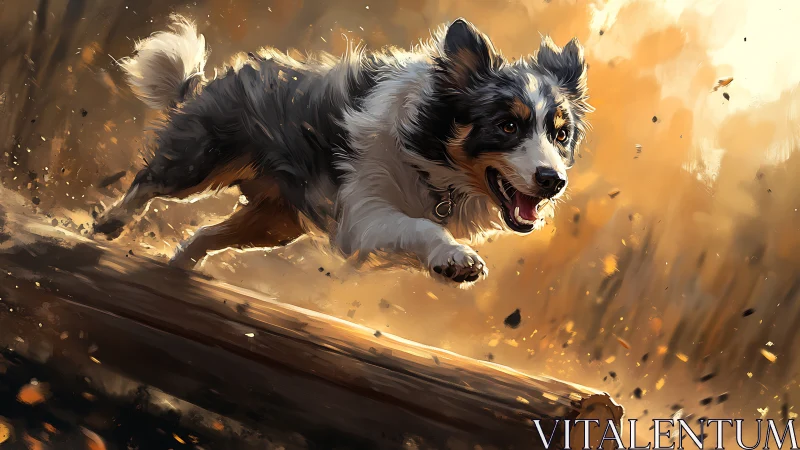 Joyful herding dog leaping over a sunlit forest log.