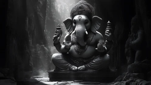 Majestic stone Ganesha meditating in a cavern of shadows.