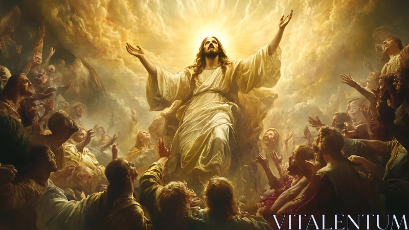 Radiant messianic figure ascends amid luminous worshippers