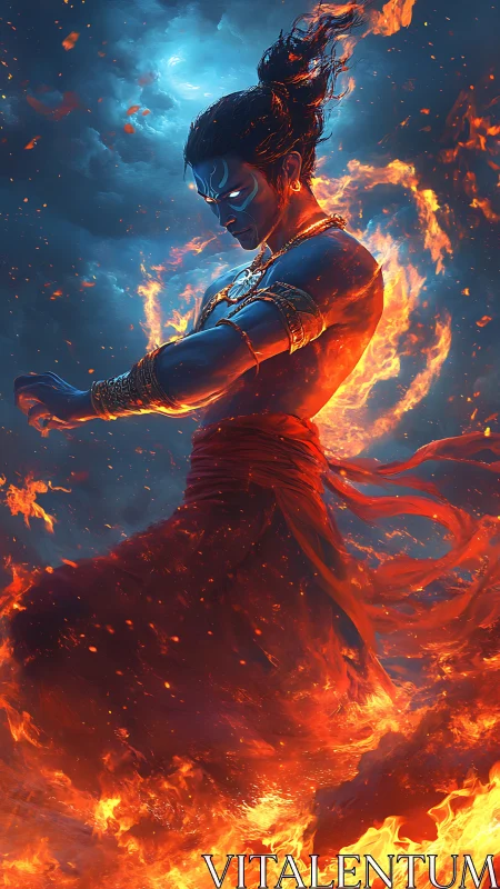 Fiery blue-skinned warrior stands engulfed in swirling flames
