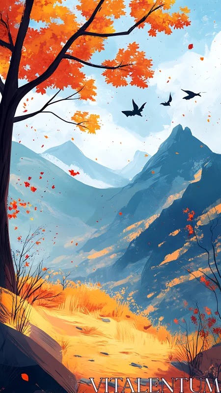 Autumn firepath winding toward misty blue mountain horizons.