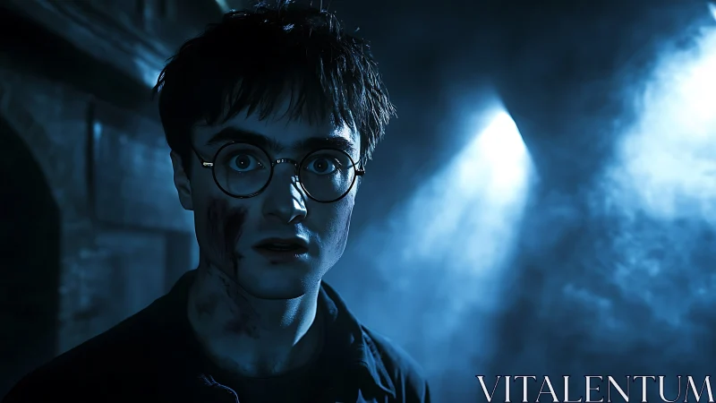 Young wizard in blue-lit corridor, bruised and shocked.