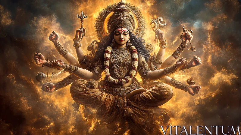 Radiant multi-armed goddess in swirling golden cosmic fire.