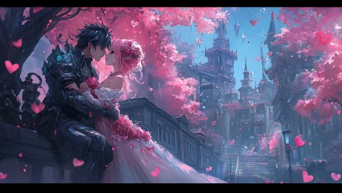Cyborg and Bride Embrace Within Pink Floral Cityscape Architecture
