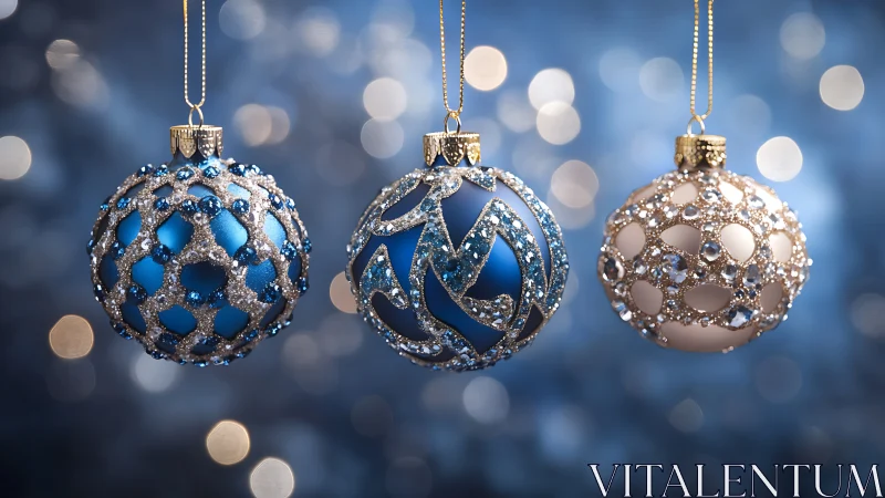 Elegant blue and silver Christmas baubles shimmer in bokeh light.