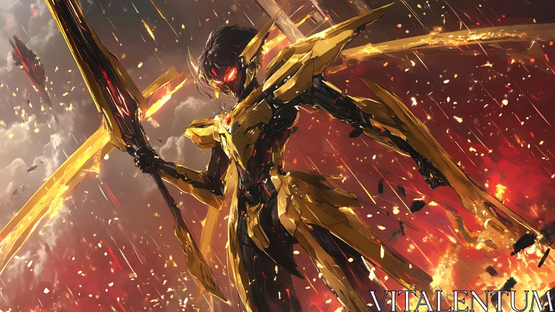Golden mecha angel dominates fiery apocalyptic battlefield.