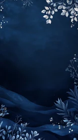 Midnight blue background with white botanical border elements.
