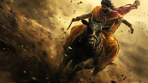 Warrior in golden robes rides charging black bull through dust