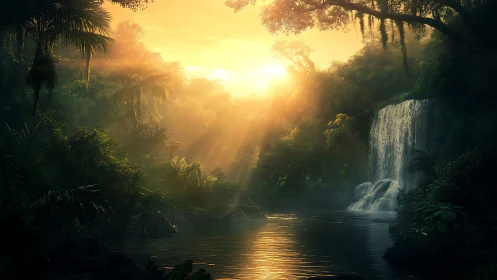 Sunlit jungle waterfall welcoming a quiet moment of wonder.