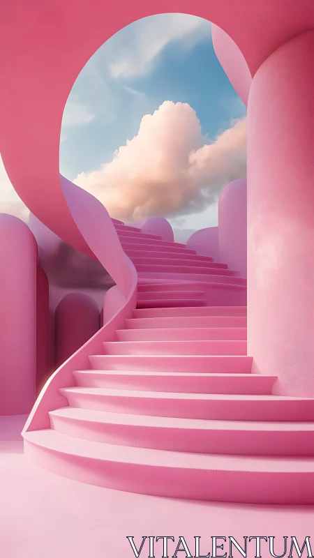Curved pink staircase within abstract outdoor structure.