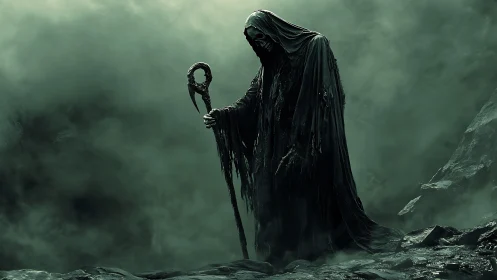 Hooded skeletal wraith stands in fog using high-contrast lighting