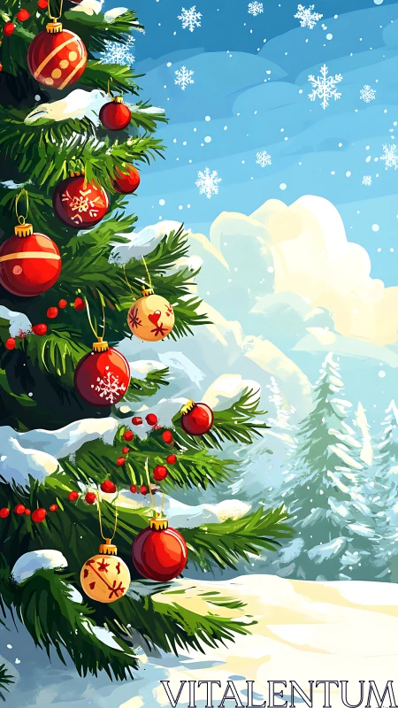 Snowy Christmas tree stands bright in a vivid winter landscape.