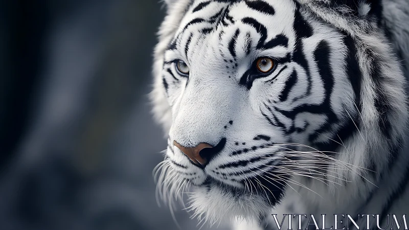 High-detail profile portrait of white tiger with amber eyes